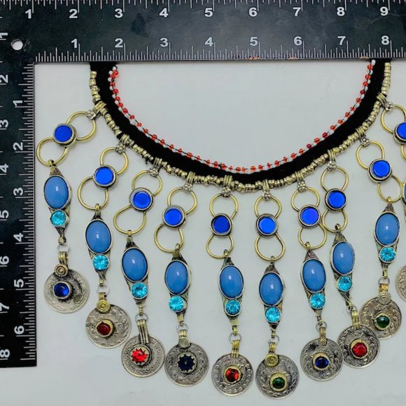 Tribal Dangling Coins Choker Necklace, Long Choker Necklace With Turquoise Stone - Picture 5 of 6